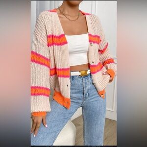 SHEIN Pink and Orange Striped Cardigan